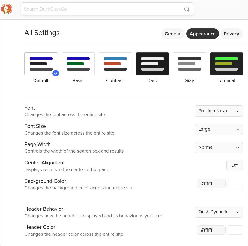 Duck Duck Go All Settings Appearance 1