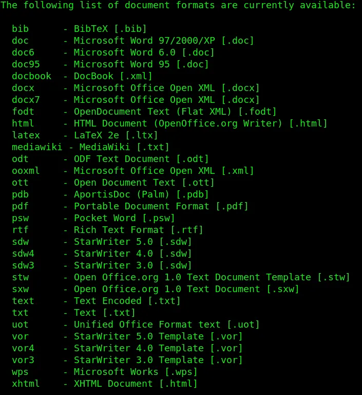 Unoconv Document Formats