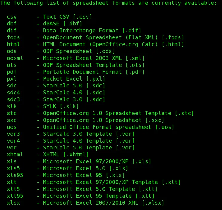 Unoconv Spreadsheet File Formats 2